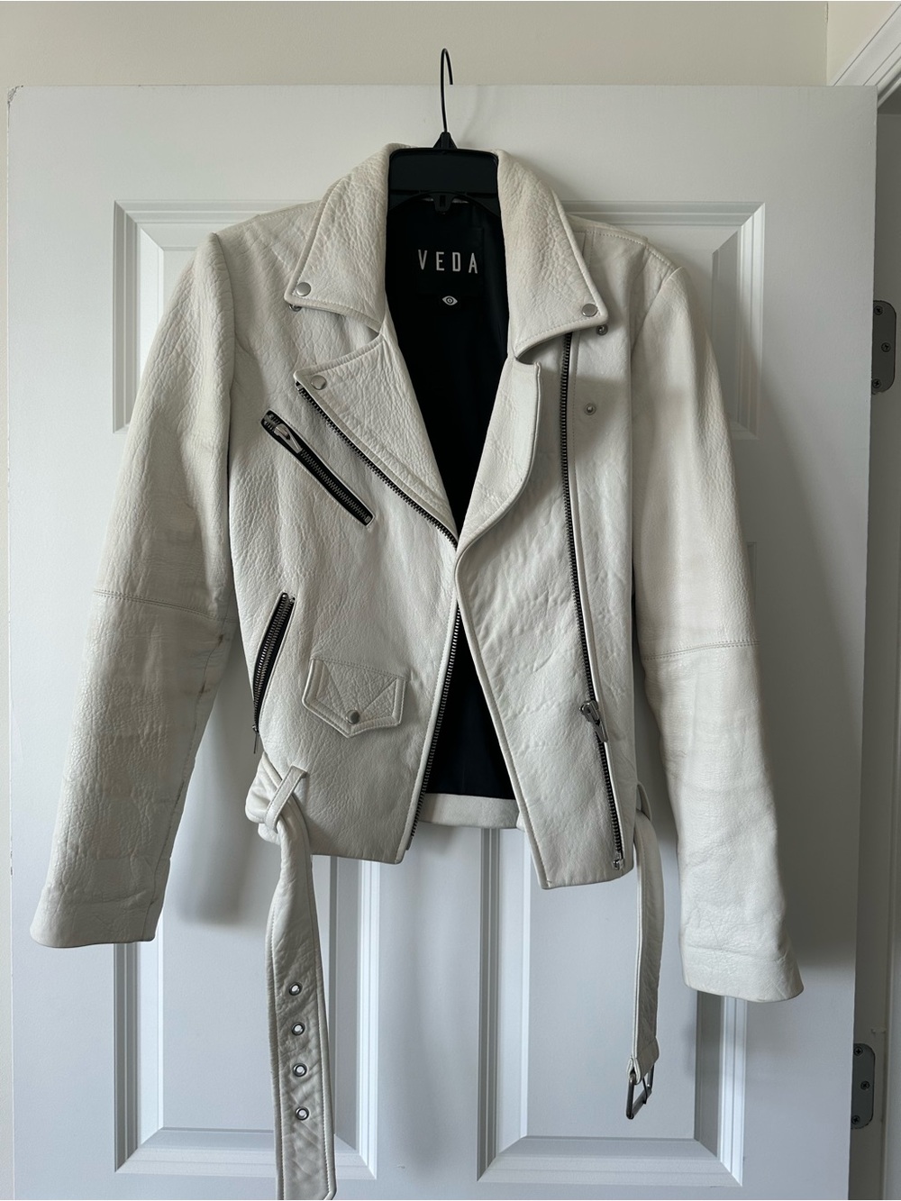 Veda Off-White Leather Moto Jacket with Belt